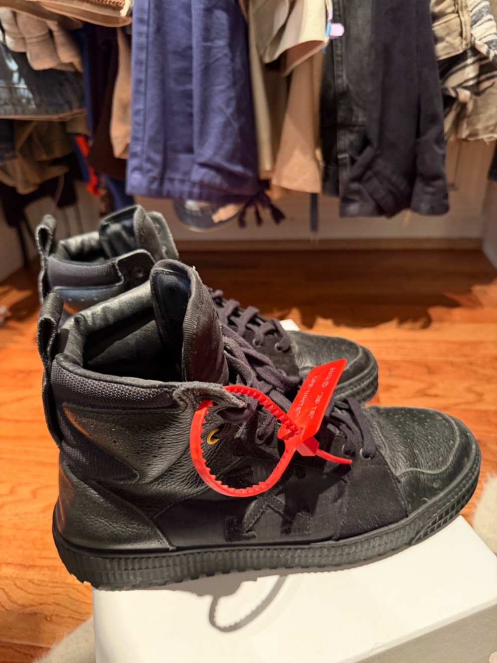 Off-White Black High-Top Sneakers with Red Zip Tie